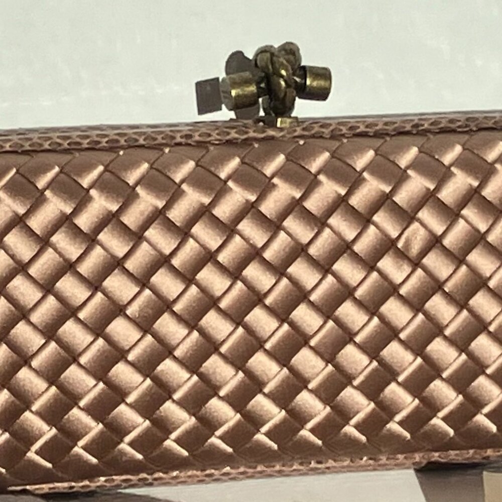 Authentic Bottega Veneta Intrecciato Knot Clutch Metallic Bronze Python Trim